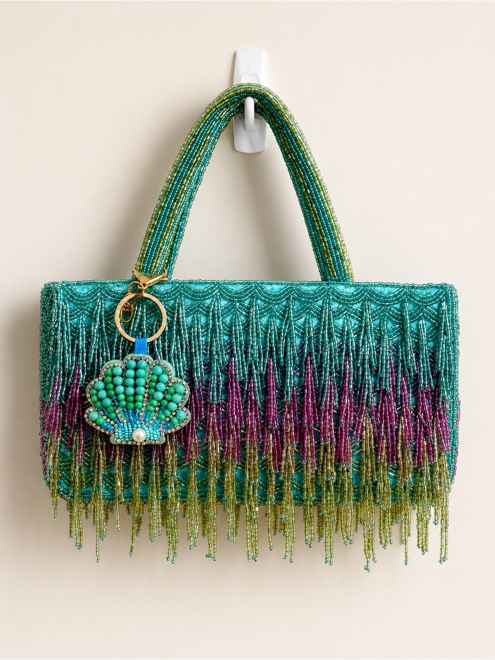 Beaded Fringe Mini Hand Bag in Teal and Green